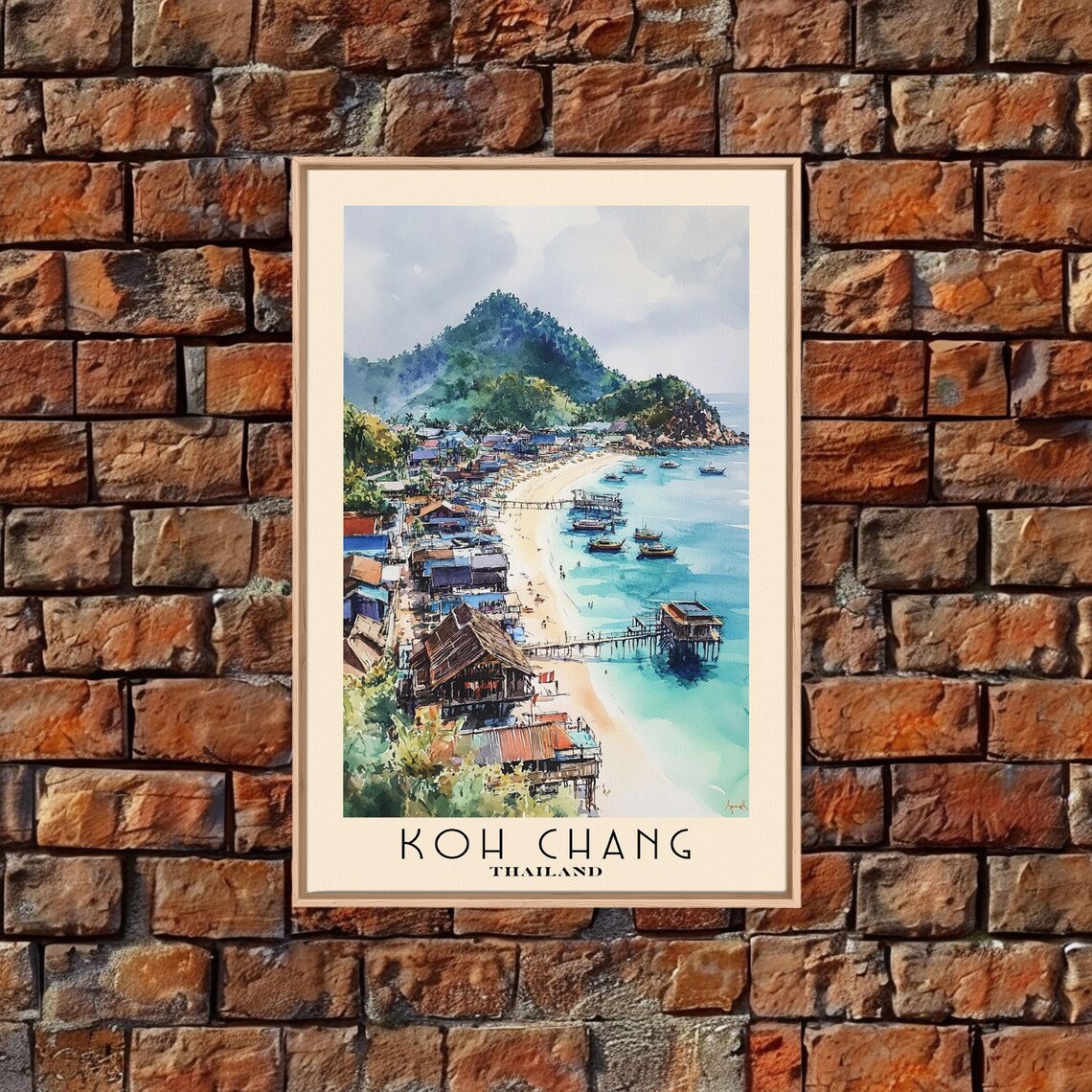 Koh Chang Thailand Fishing Village Pier Boats Mountain Watercolor Poster - Image 5