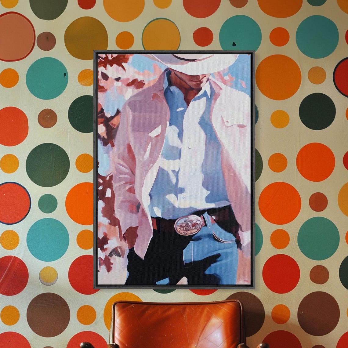 Modern Cowboy Portrait White Hat Pink Jacket Fall Leaves Art Print - Image 3