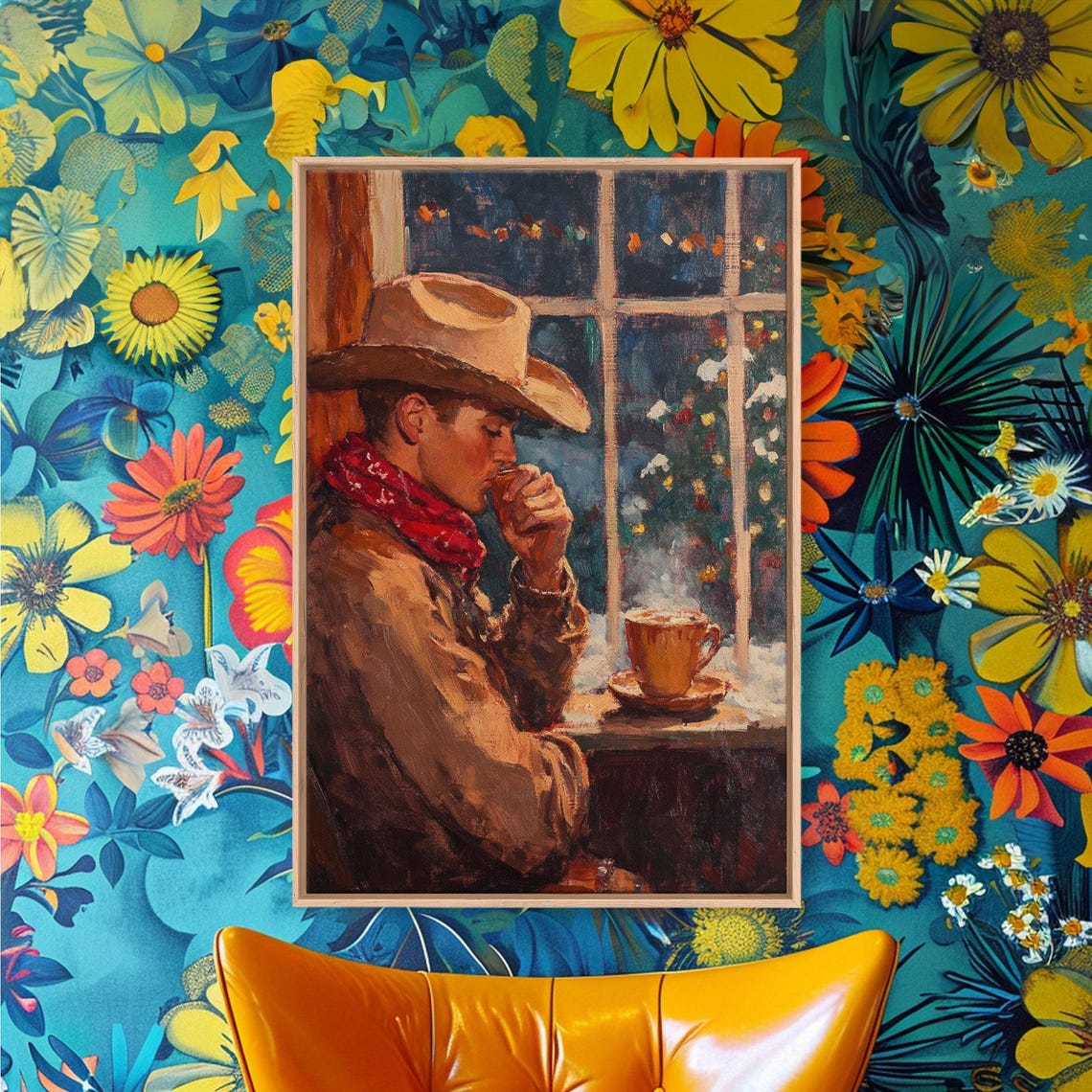 Cowboy Sipping Coffee By Night Window Steaming Mug Cozy Western Poster - Image 3