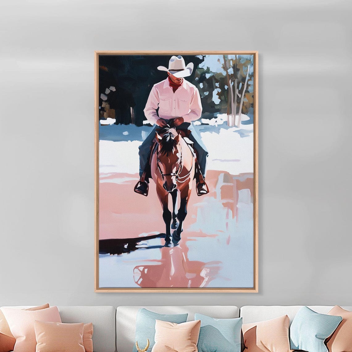 Cowboy Riding Horse Through Snowy Icy Creek Winter Morning Art Poster - Image 5