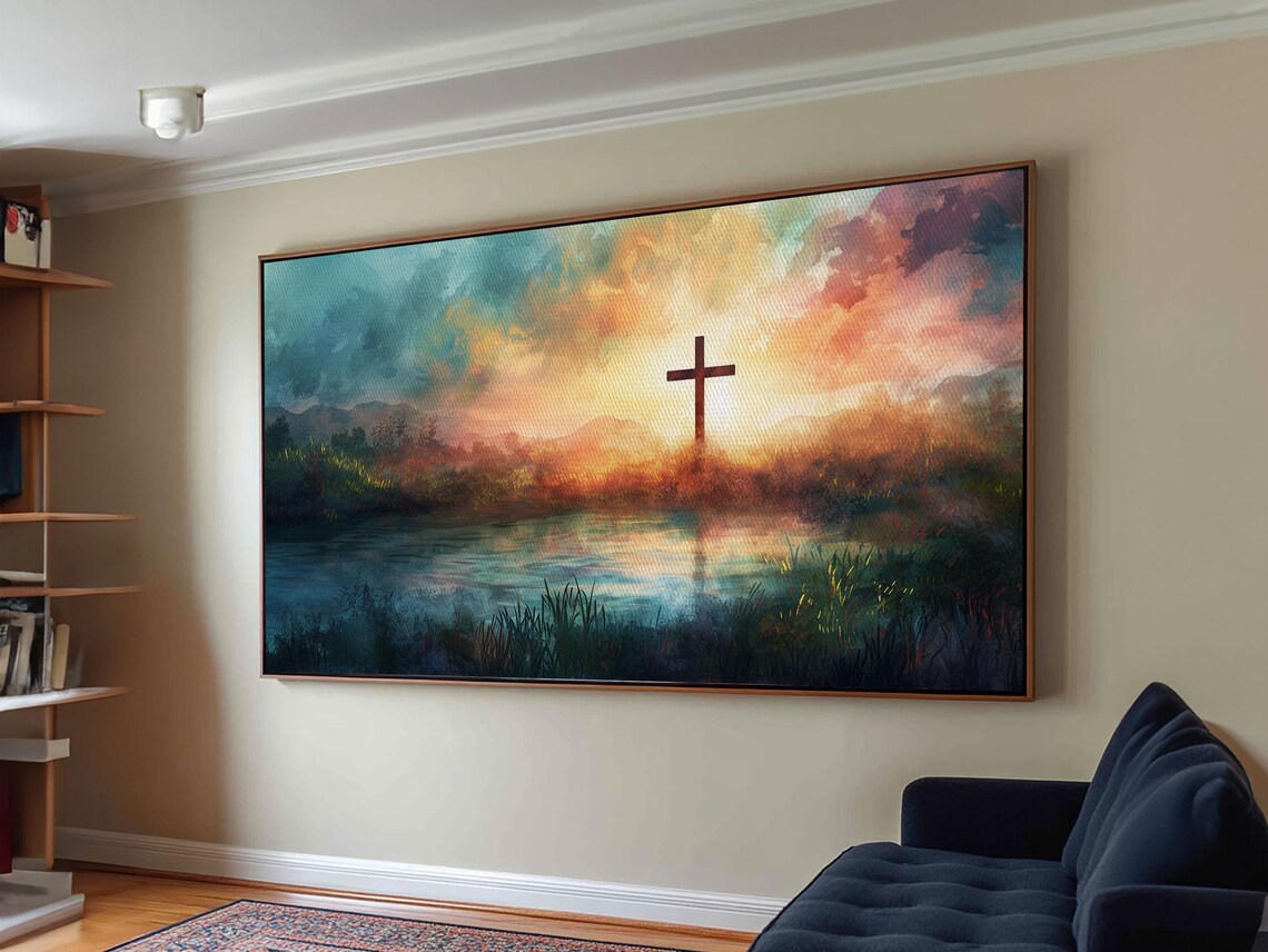 Christian Cross Silhouette Colorful Lake Sunset Peaceful Faith Wall Poster - Image 4