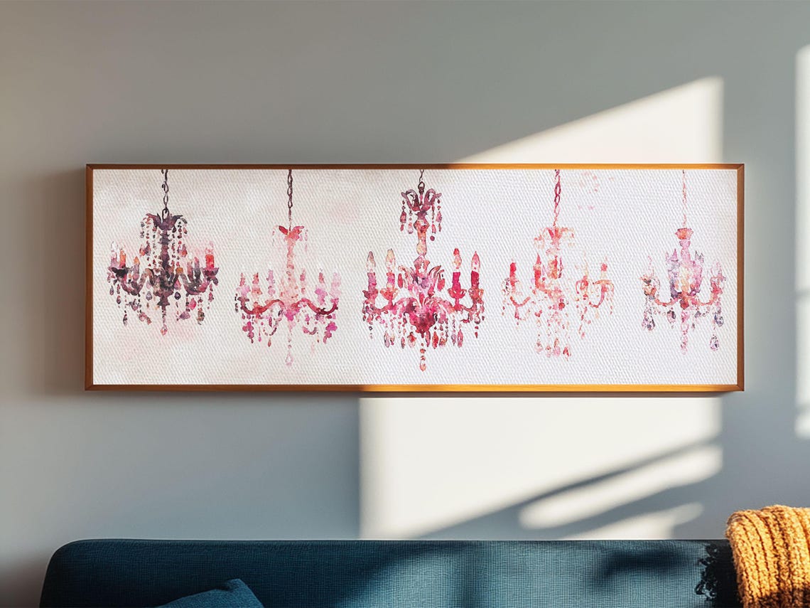 Pink Crystal Chandeliers Watercolor Glamorous French Chic Wall Art