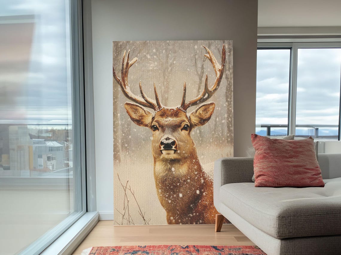 Stag Deer In Falling Snow Antlers Winter Woodland Animal Art Poster - Image 2
