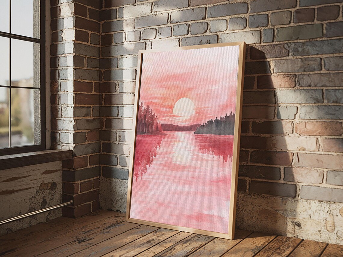 Pink Sunset Over The Lake Watercolor Peaceful Nature Wall Art Print - Image 6