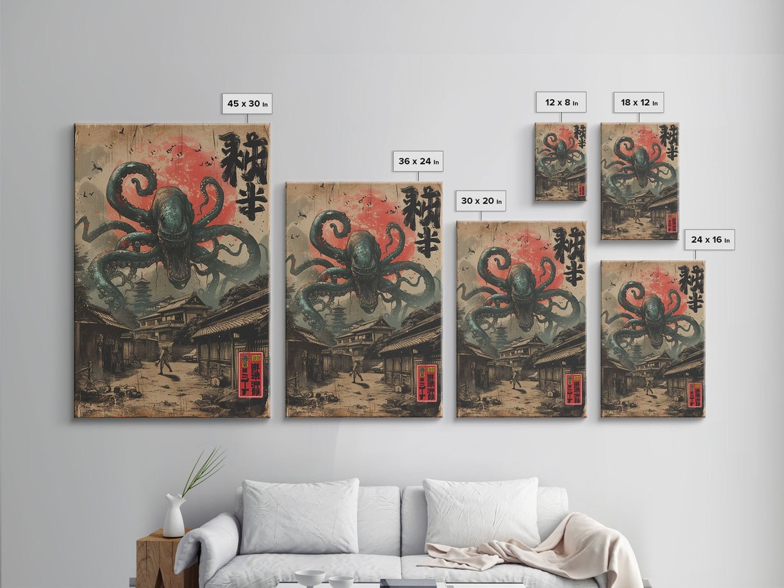 Japanese Sea Monster Octopus Attack Village Vintage Horror Wall Art - Image 2