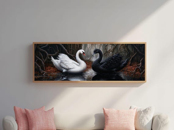 Black And White Swan Form A Heart Framed Print Swan Painting Black Swan Art Dark Romance Panoramic Art Gothic Art