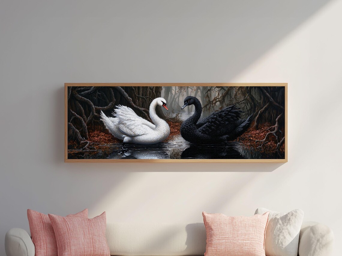 Black White Swans Heart Dark Water Gothic Romance Panoramic Wall Poster