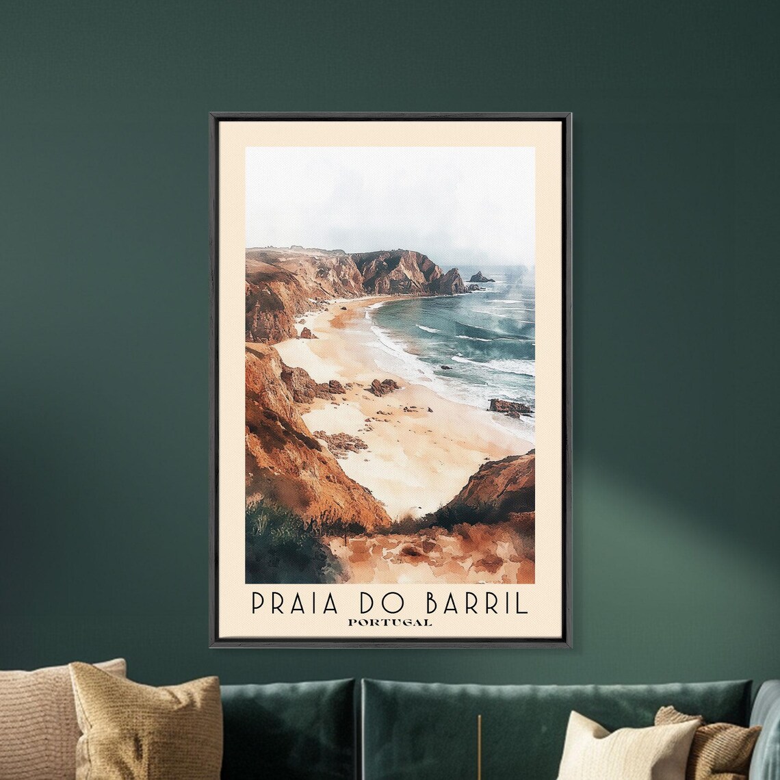 Praia do Barril Portugal Sandy Cove Between Red Cliffs Blue Surf Watercolor Poster - Image 5
