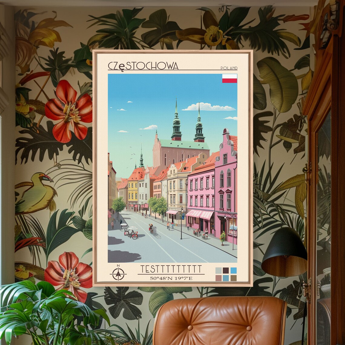 Czestochowa Poland Twin Spire Church Sunny Street Scene Travel Poster - Image 2