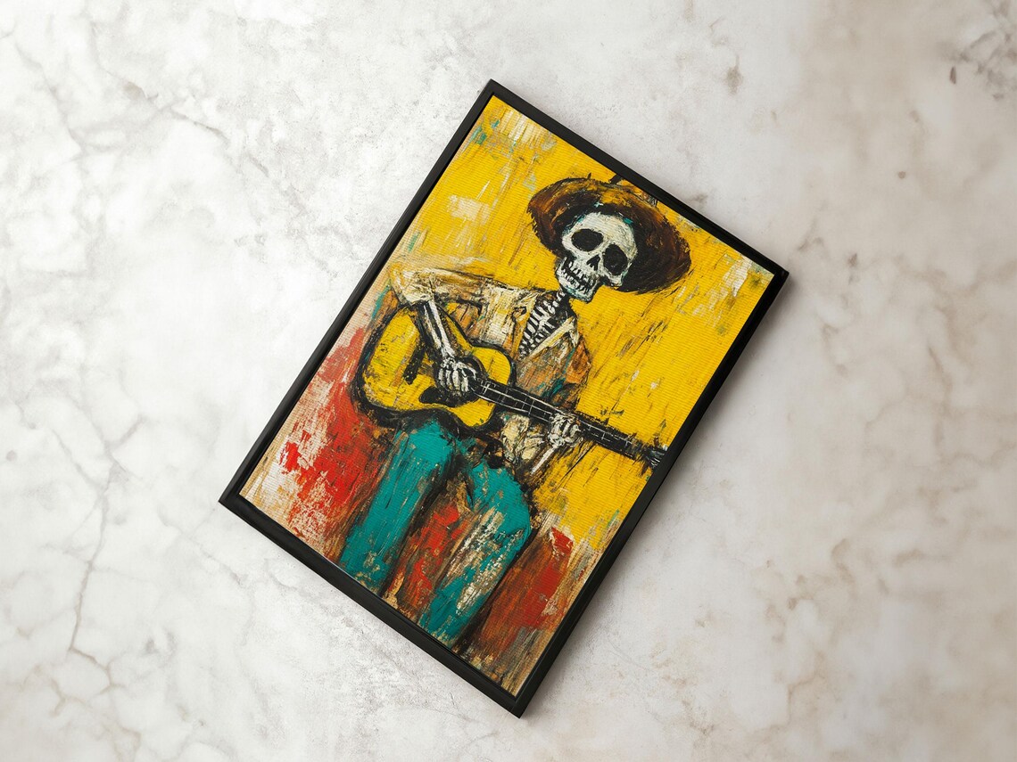 Cowboy Skeleton Guitarist, Chicano Mexicano Art Print - Image 4