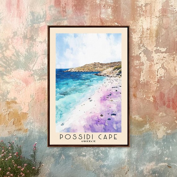 Possidi Cape Greece Violet Shore Turquoise Sea Watercolor Travel Poster