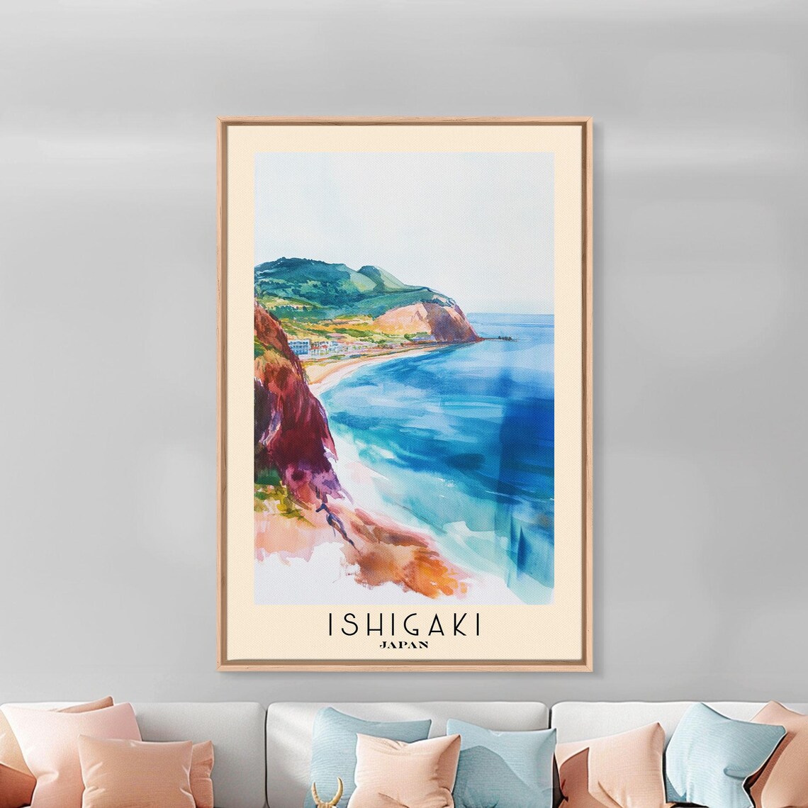 Ishigaki Japan Colorful Cliffs Turquoise Bay Green Hills Watercolor Poster - Image 3