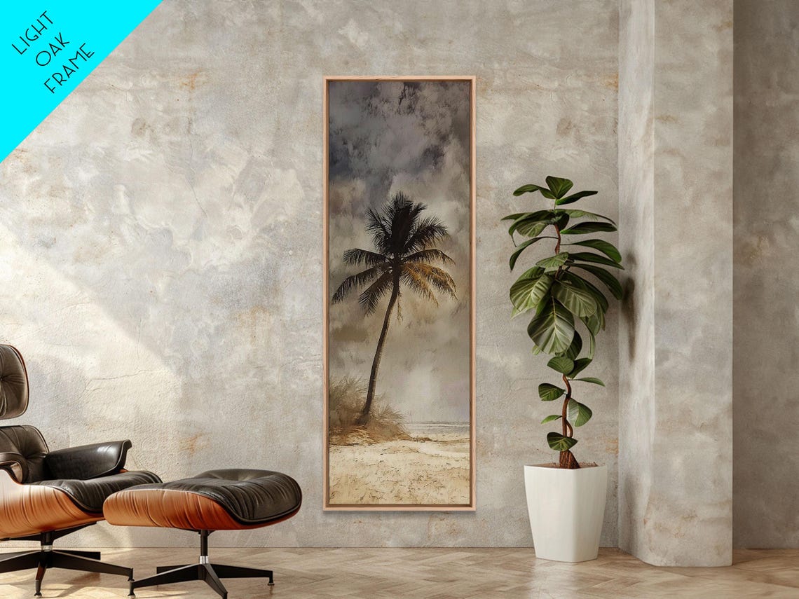 Framed Print Moody Palm Tree Painting Coastal Landscape Art Wabi Sabi Art Above Sofa Wall Decor Rustic Beach Scene Print - Image 5