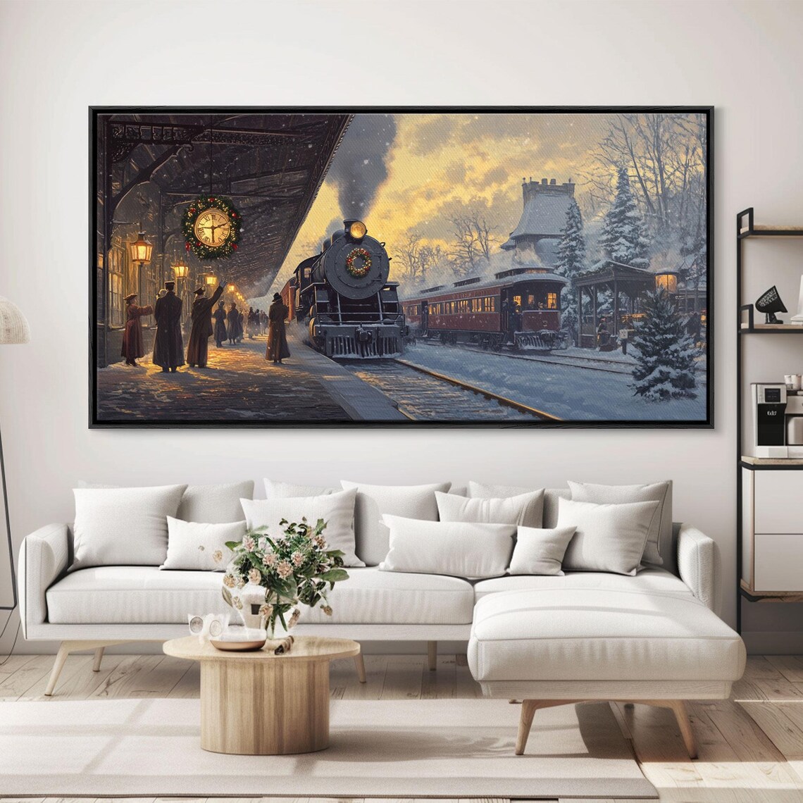 Vintage Christmas Train Station Snowy Steam Locomotive Night Poster - Image 2