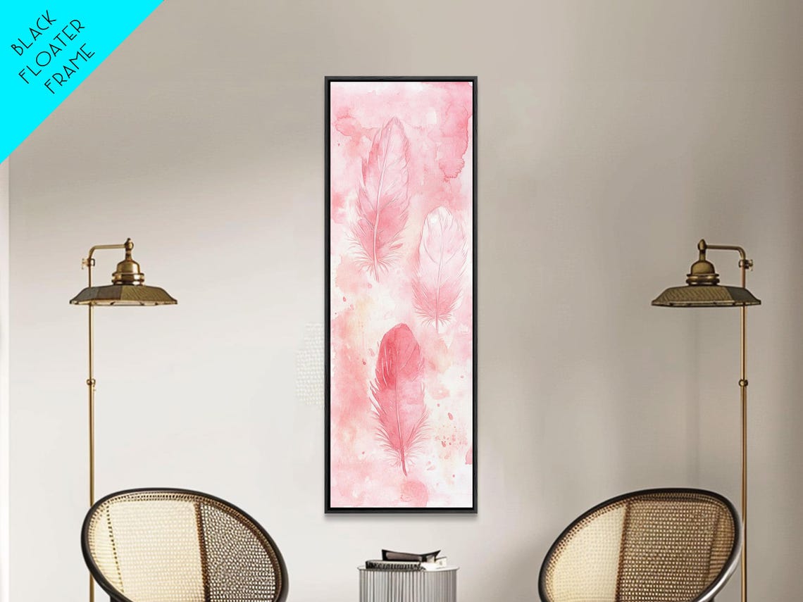 Three Pink Watercolor Feathers Minimalist Vertical Botanical Wall Art - Image 2