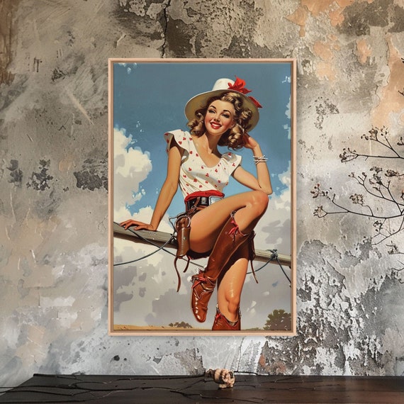 Classic Cowgirl Pin Up Art Print Vintage Western Framed Retro Pin Up Girl In Cowboy Hat And Boots Unique Home Decor