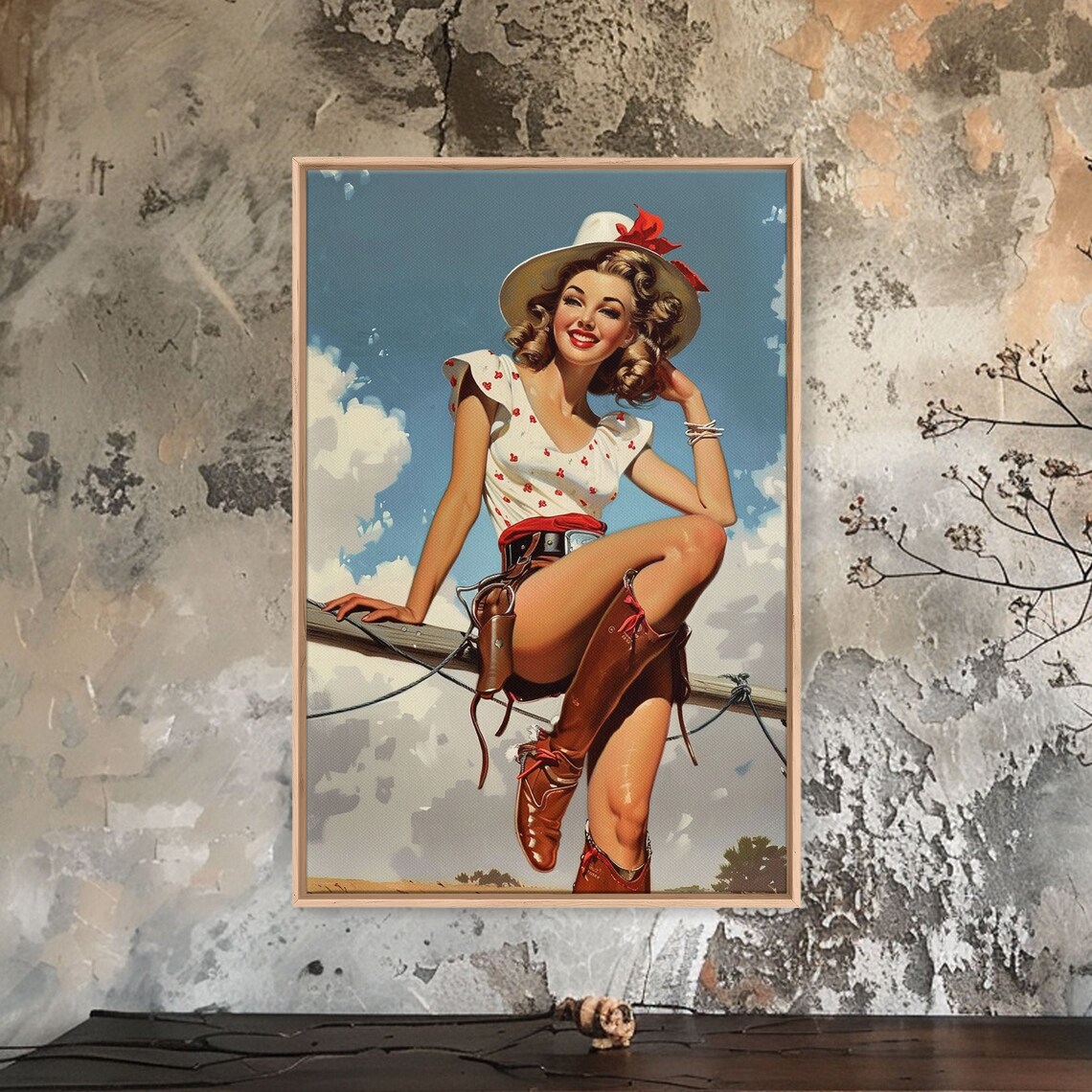 Vintage Cowgirl Pin Up Cowboy Hat Fence Blue Sky Retro Art Poster