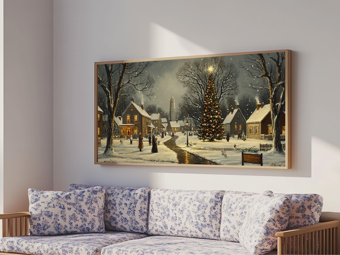 Christmas Sceneary Wall Art Framed Print Winter Wall Art Christmas Village Painting Victorian Christmas Oil Painting Horizontal Art - Image 4