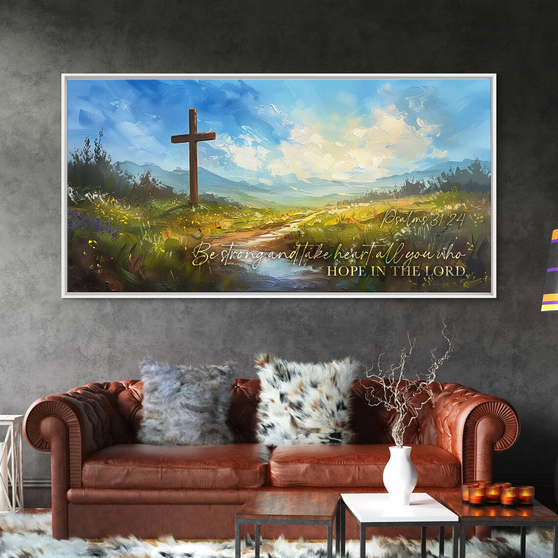 Psalms 31:24 Scripture Wall Art Be Strong Cross Meadow Christian Quote Poster