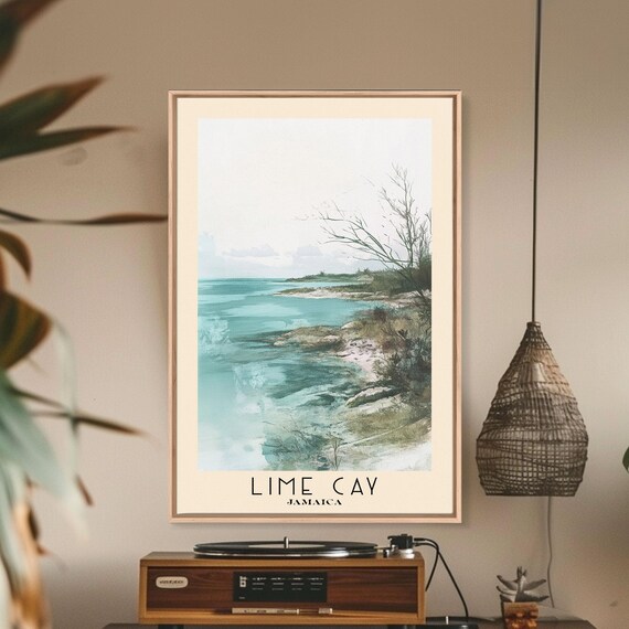 Lime Cay Jamaica Calm Turquoise Cove Rocky Shoreline Watercolor Poster
