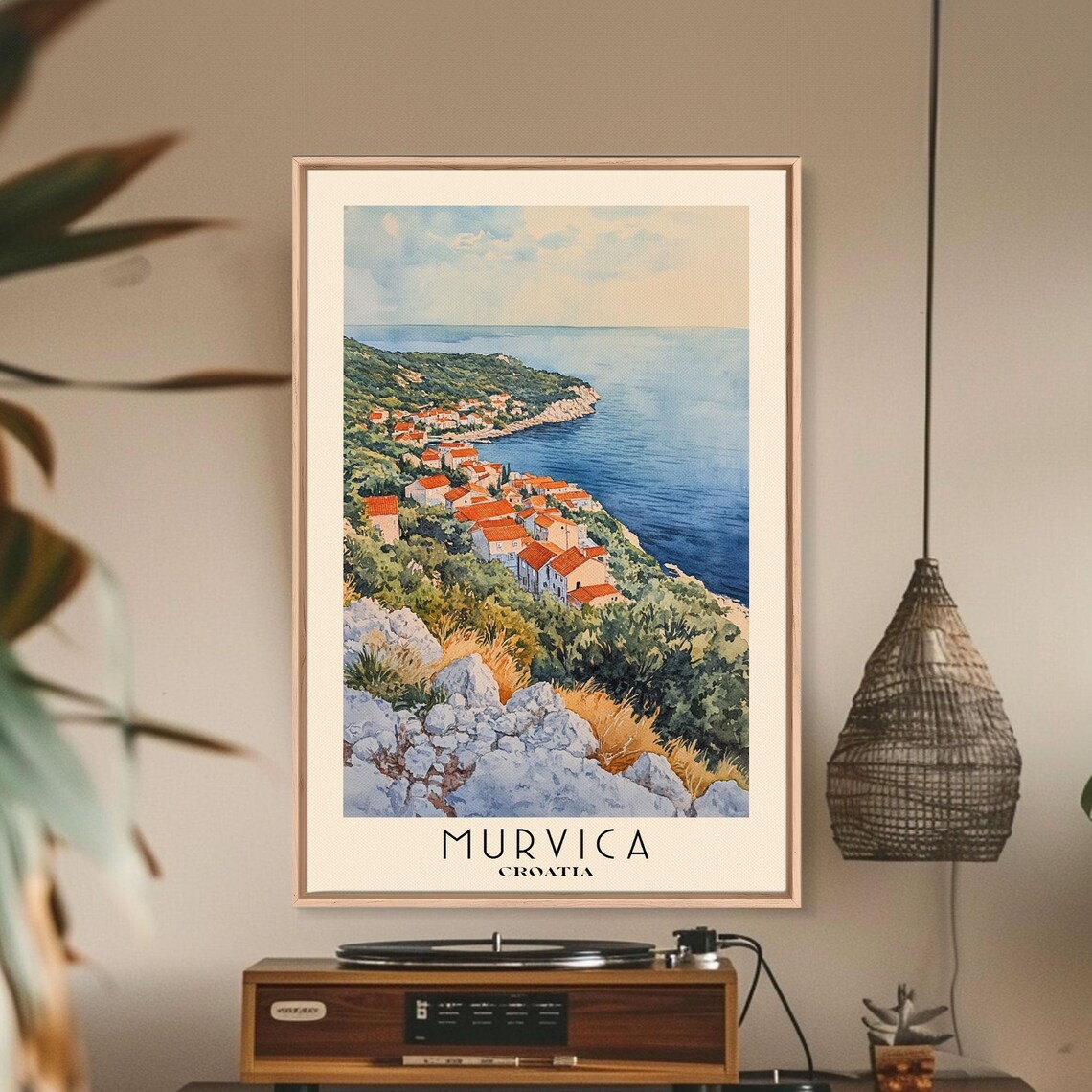 Murvica Croatia Hillside Village Red Roofs Sea View Watercolor Poster - Image 2