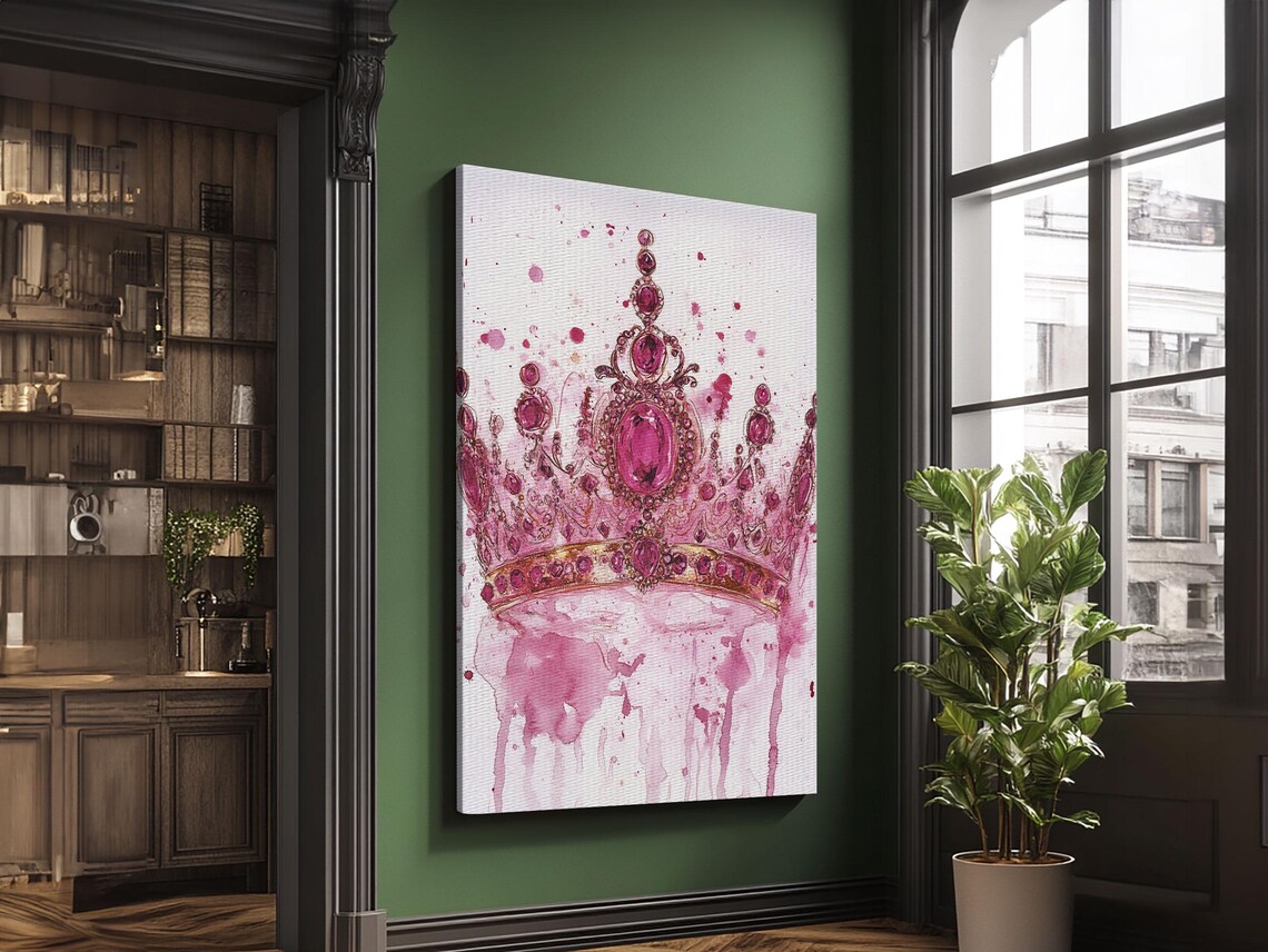 Regal Pink Jeweled Crown Watercolor Queen Princess Wall Art Poster - Image 5