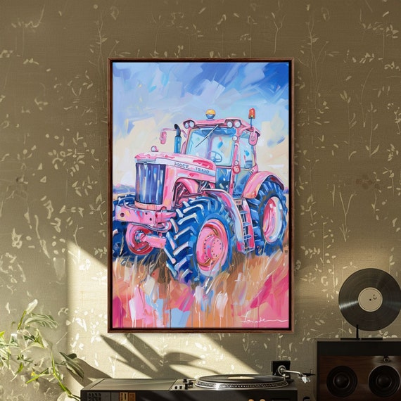 Vibrant Pink Tractor In Field With Blue Sky Framed Print Farmhouse Wall Art Rustic Tractor Art For Living Room Decor