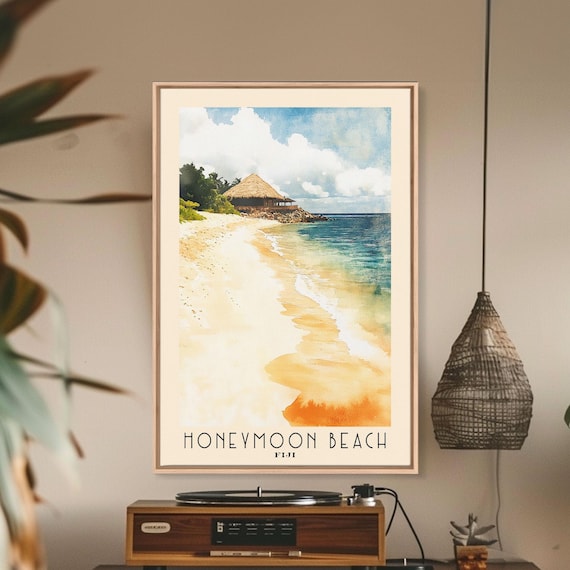 Honeymoon Beach Fiji Thatched Hut White Sand Watercolor Island Poster