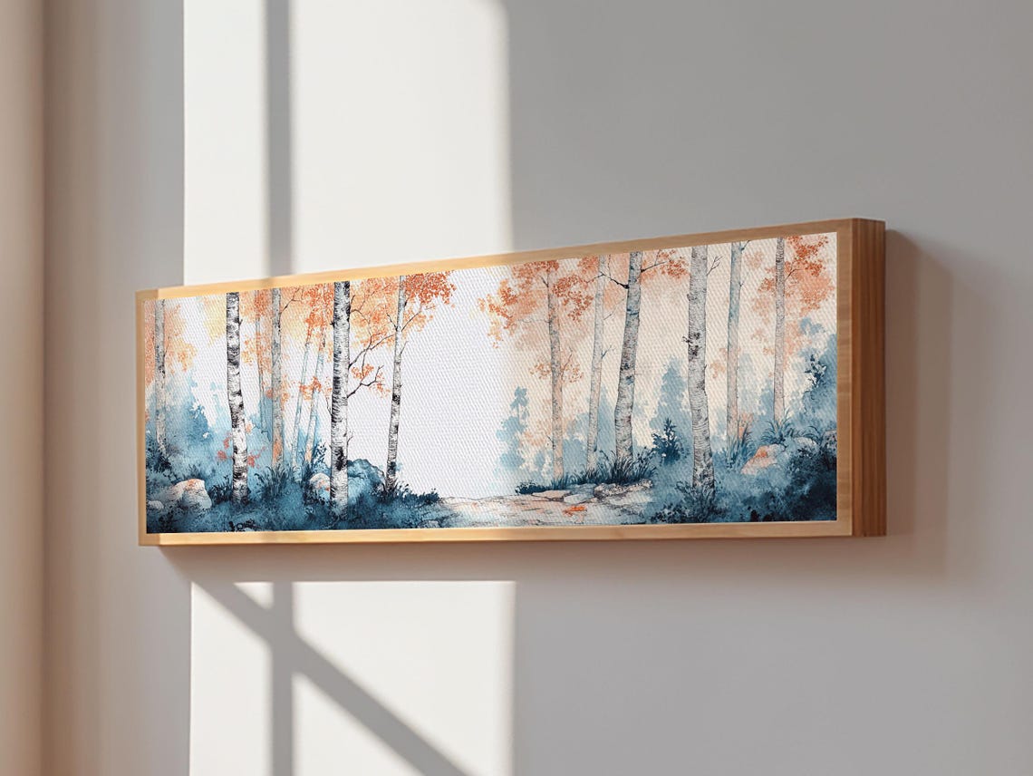 Birch Forest Blue Mist Autumn Watercolor Panoramic Living Wall Poster - Image 3
