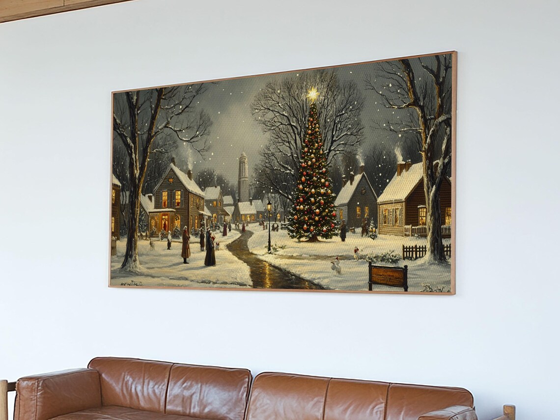 Christmas Sceneary Wall Art Framed Print Winter Wall Art Christmas Village Painting Victorian Christmas Oil Painting Horizontal Art - Image 3