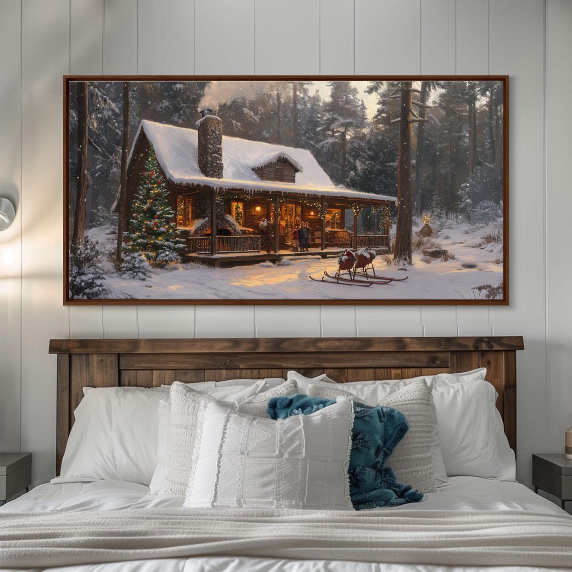 Snowy Log Cabin Porch Christmas Tree Sleds Night Winter Wall Art - Image 5