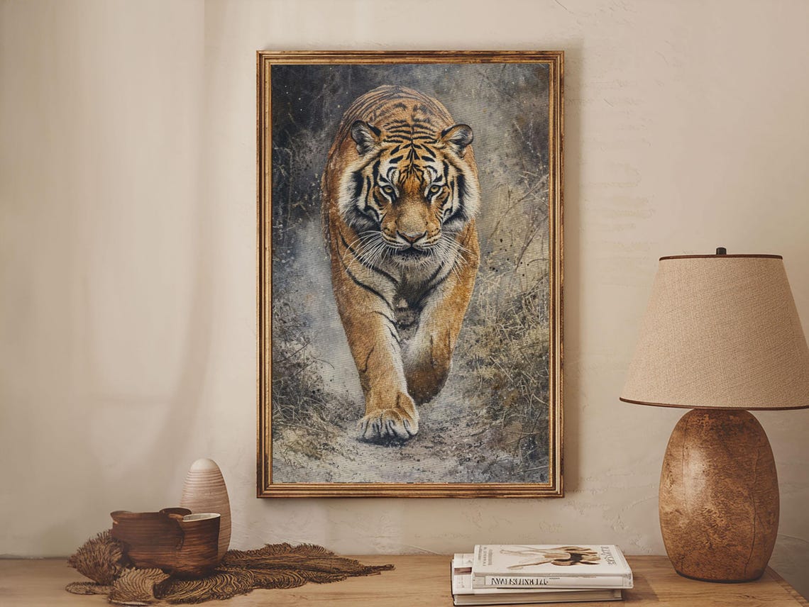 Tiger Stalking Forward Realistic Oil Painting Wild Cat Statement Print - Image 3
