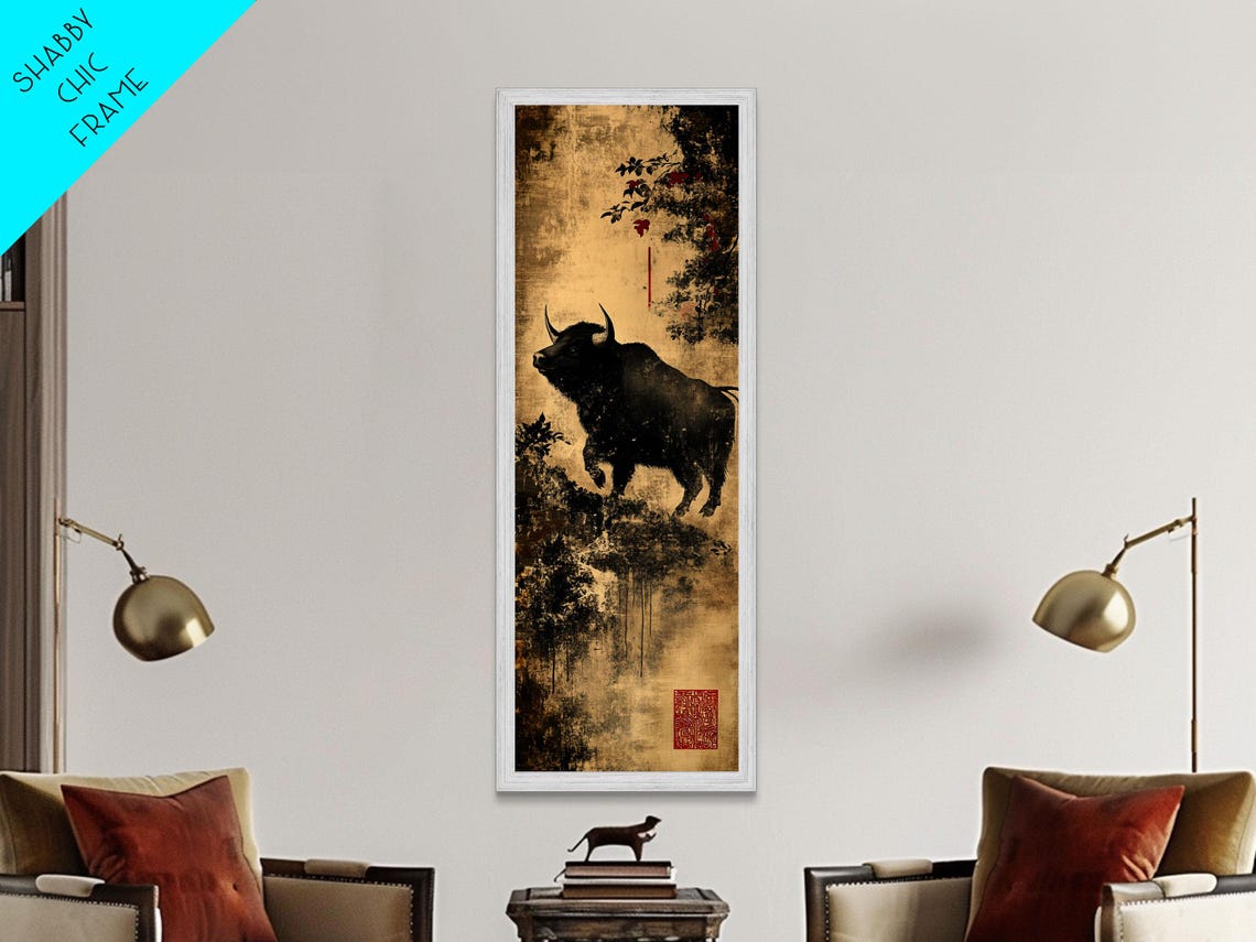 Black Buffalo Ink Painting Asian Inspired Wildlife Rustic Poster - Image 3