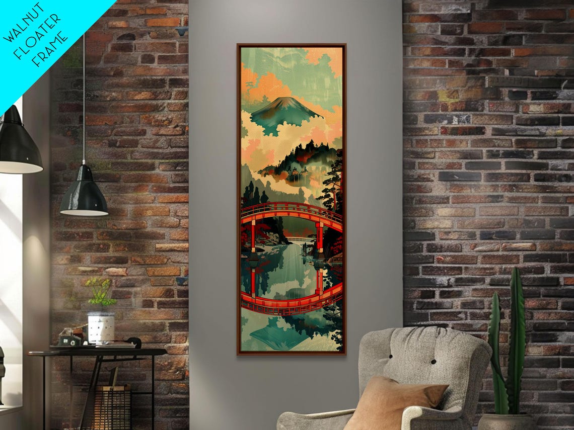 Mount Fuji Red Arched Bridge Reflection Woodblock Style Travel Poster - Image 4