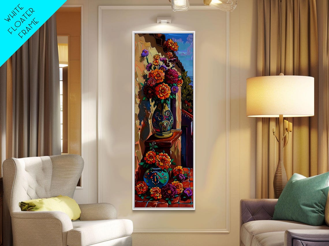 Mexican Talavera Vase Zinnia Flowers Courtyard Impasto Wall Art Poster - Image 6