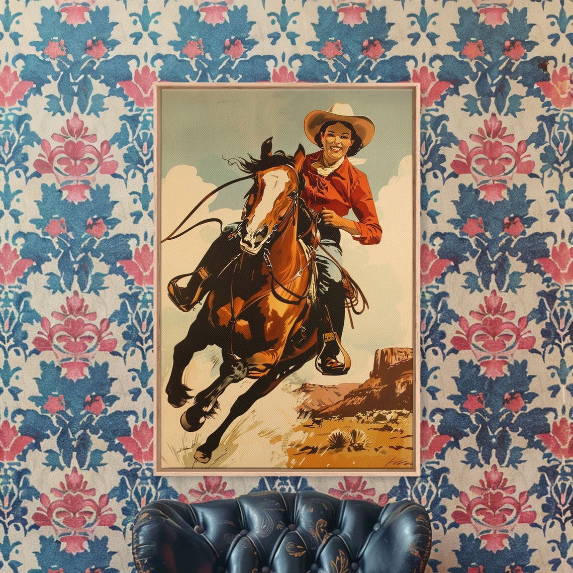 Retro Cowgirl Riding Galloping Horse Desert Canyon Ranch Poster - Image 2