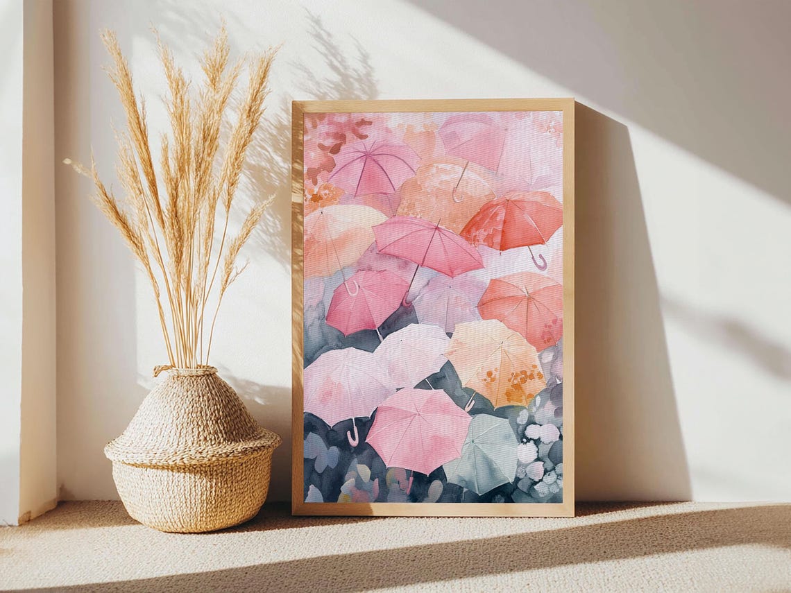 Pink Umbrellas Aerial Watercolor Whimsical Rainy Day Wall Art Poster - Image 5