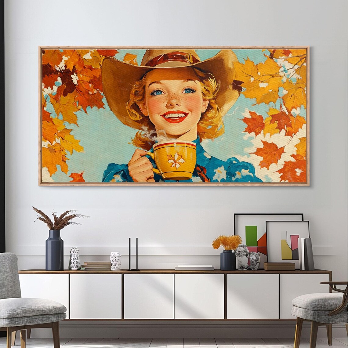 Smiling Retro Cowgirl Holding Hot Cocoa Mug Autumn Leaves Poster - Image 5