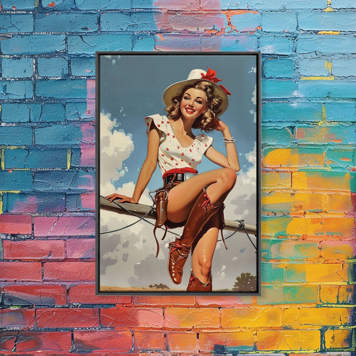 Vintage Cowgirl Pin Up Cowboy Hat Fence Blue Sky Retro Art Poster - Image 5