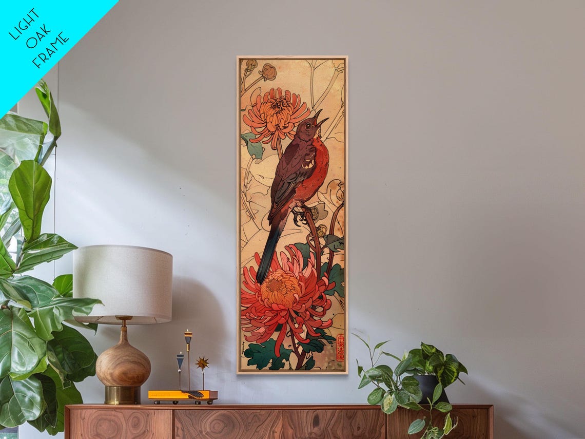 Singing Songbird Among Coral Chrysanthemums Ukiyo E Style Art Poster - Image 3