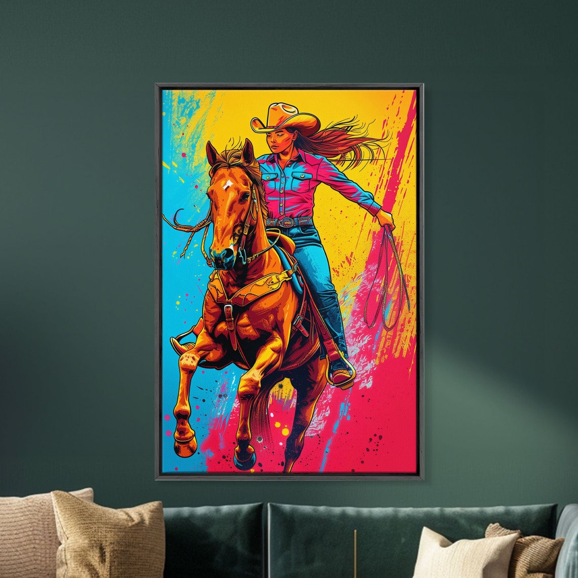 Bold Pop Art Cowgirl Riding Horse With Bright Colors Framed Print Equestrian Decor Cowgirl Art For Bedroom Living Room Wall Art - Image 5