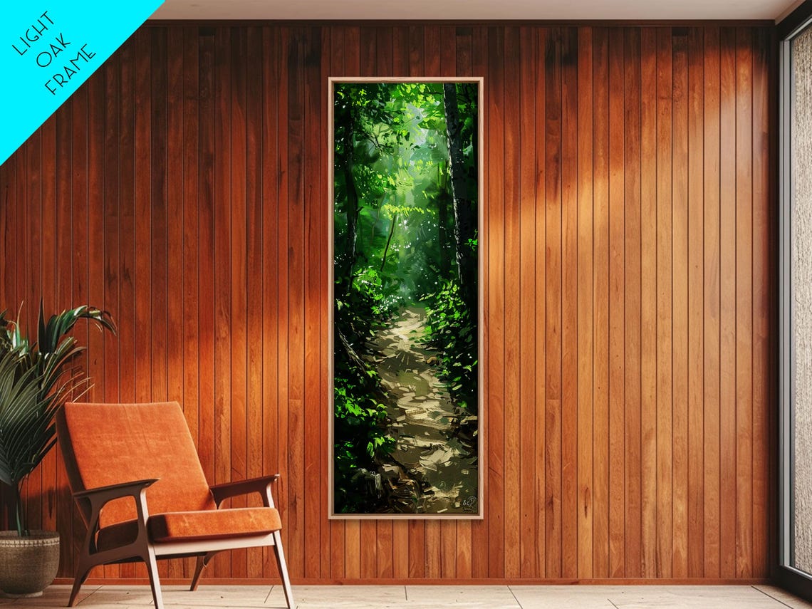 Sunlit Birch Forest Pathway Green Woodland Painting Wall Print - Image 4