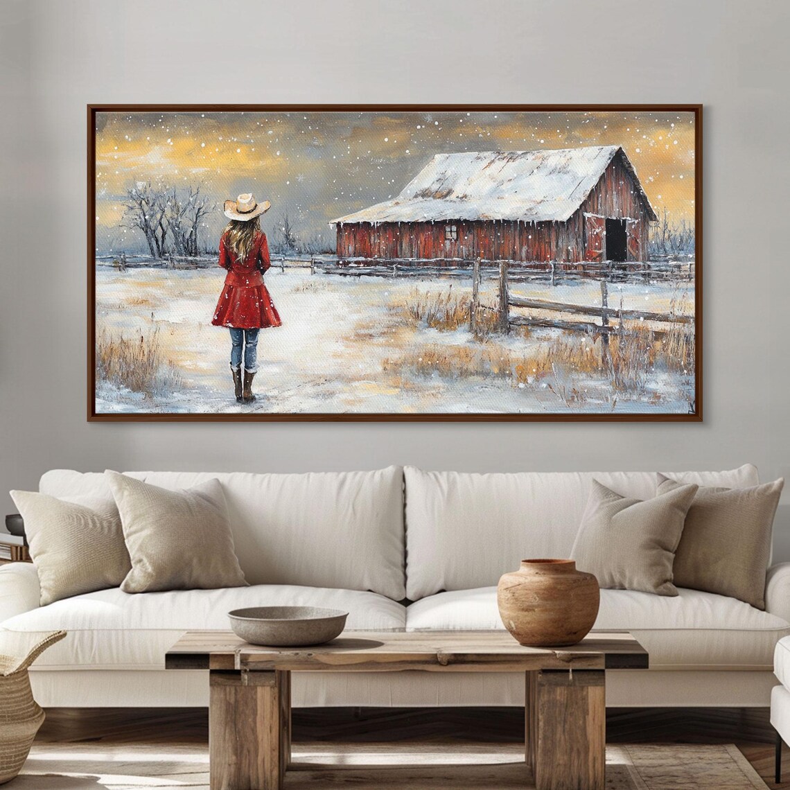 Barn Painting Framed Print Cowgirl And Her Barn Rustic Farmhouse Decor Winter Painting Winter Wonderland Farmhouse Wall Art - Image 3