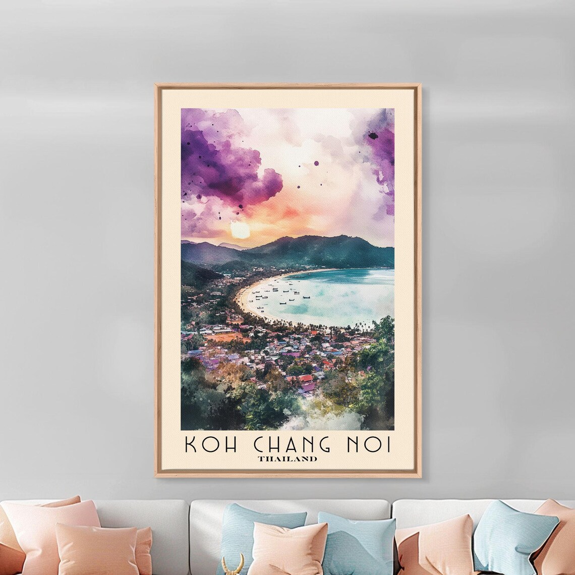 Koh Chang Noi Thailand Purple Sunset Bay Village Boats Watercolor Poster - Image 3