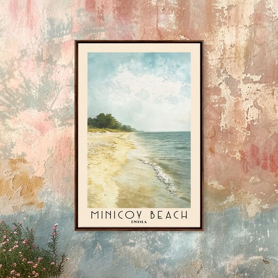 Minicoy Beach India Serene Shoreline Gentle Waves Watercolor Travel Poster