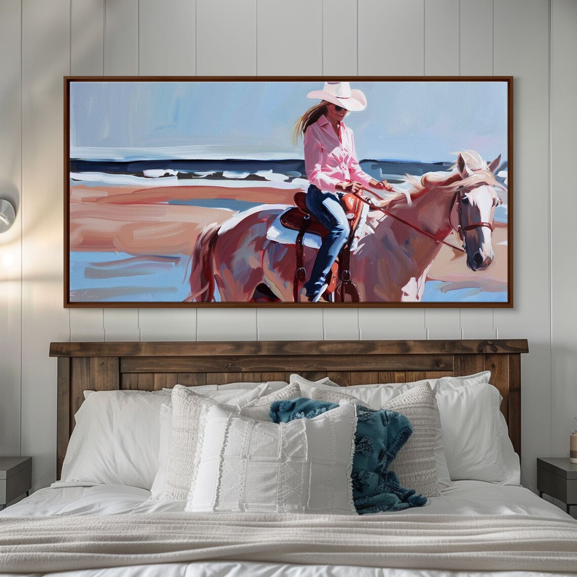 Cowgirl Riding White Horse Beach Pink Shirt White Hat Coastal Wall Art - Image 2