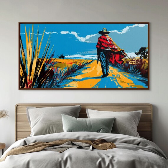 Cowboy Walking Down Desert Road Perfect Minimalist Art Framed Print Boho Living Room Decor Western Home Decoration
