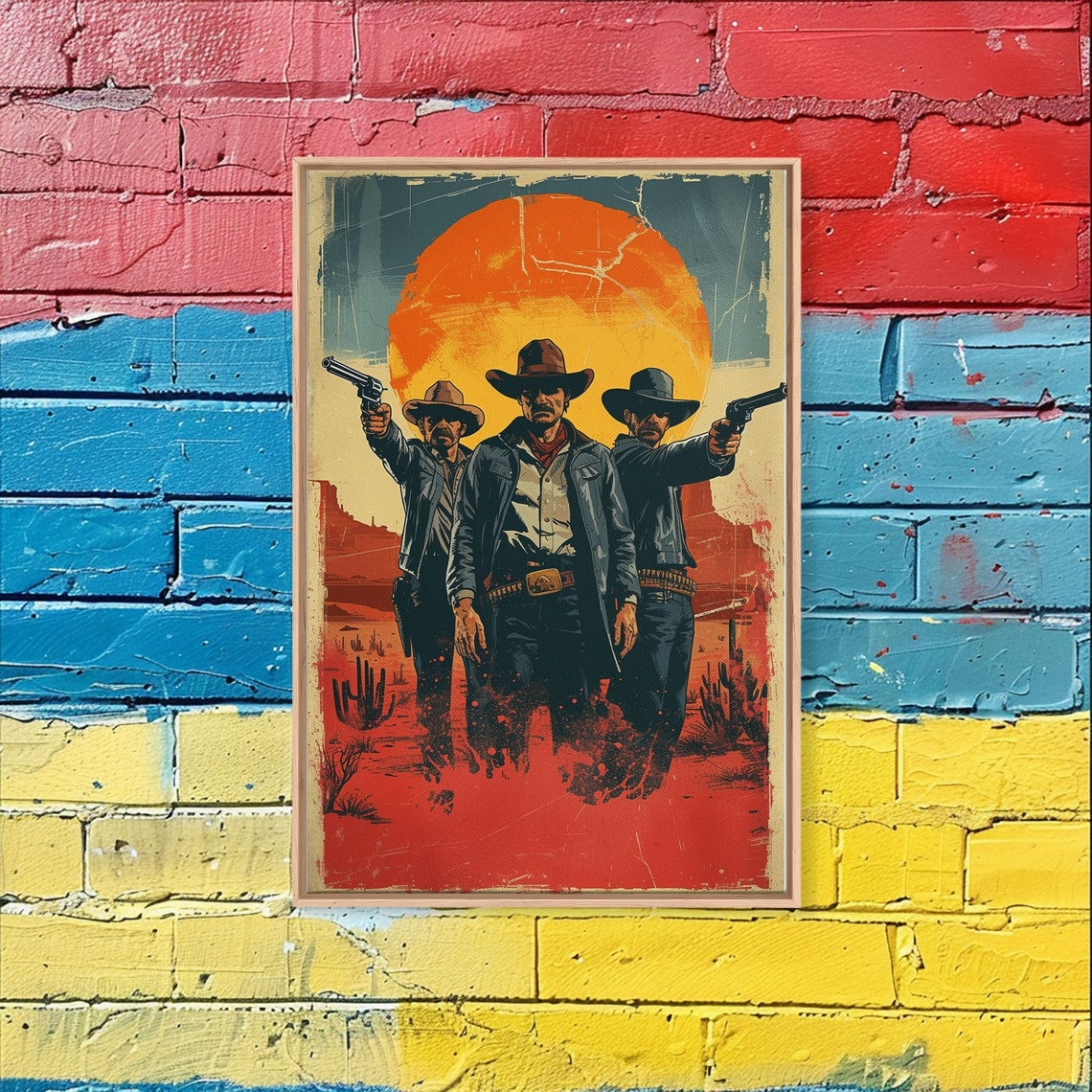 Three Cowboys Revolvers Desert Sunset Vintage Western Style Poster - Image 2