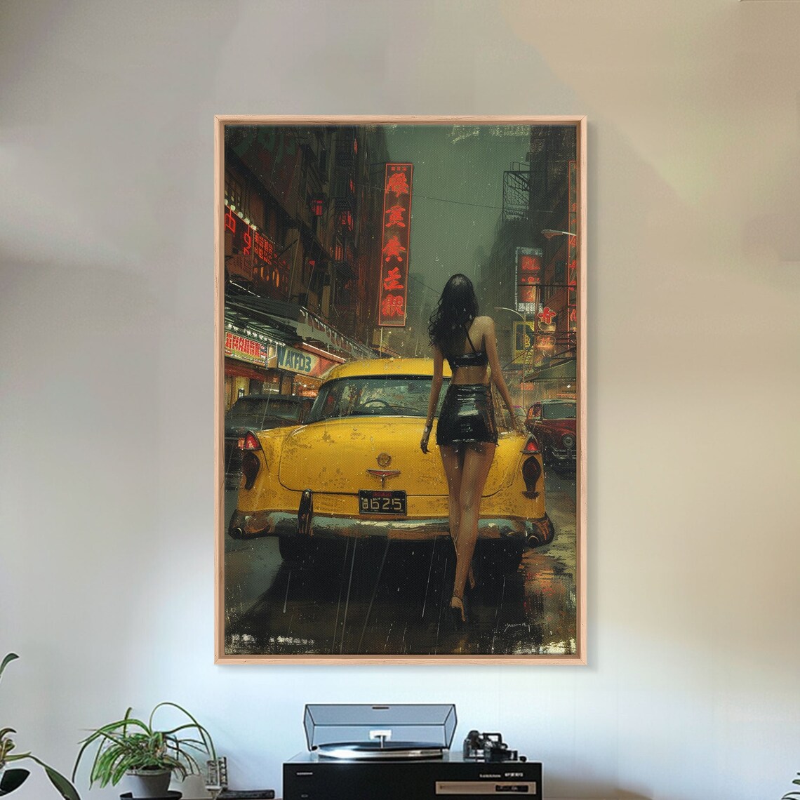 Rainy Asian City Night Poster Woman Walking to Vintage Yellow Taxi