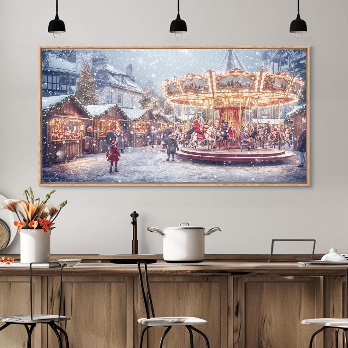 Christmas Market Carousel Snowy Evening Lights Festive Wall Art